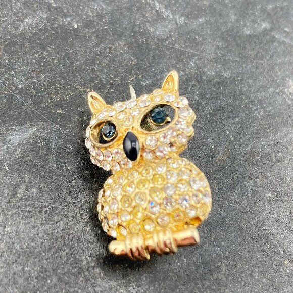 VINTAGE Clear rhinestone owl on perch brooch c. 1980s 1990s does 1940s 1950s pin - Picture 4 of 6